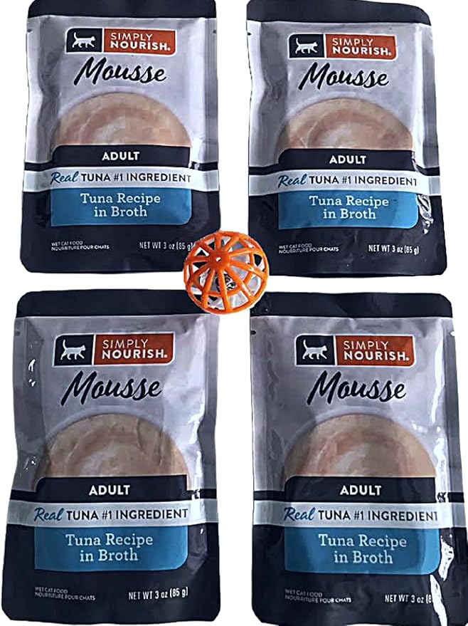 SIMPLY NOURISH Adult Cat Mousse Recipe in Broth. 4-Pack 3 oz Pouches Plus Cat Toy (Toy Varies) (Tuna Recipe in Broth)