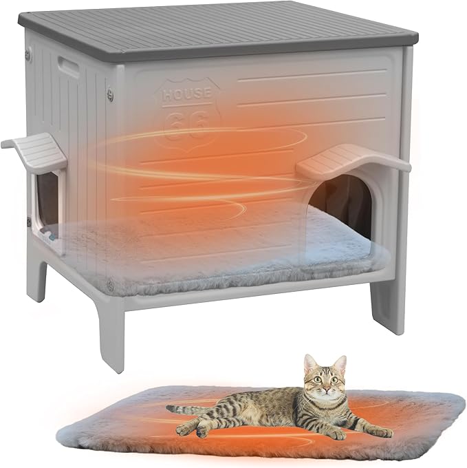 Cat House Outside with Soft Mat for Winter，Plastic Cat House Waterproof for Outdoor, Feral Cat Shelter with Escape Door, Easy to Assemble Easy to Clean