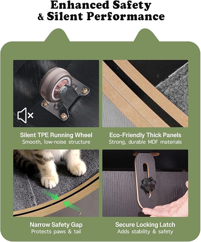 43.3" Cat Exercise Wheel for Large Indoor Cats, Black Cat Running Wheel with 2 Replacement Carpets, Silent Cat Treadmill with Locking Mechanism, Sturdy Cat Fitness Furniture for Cats up to 25 lbs