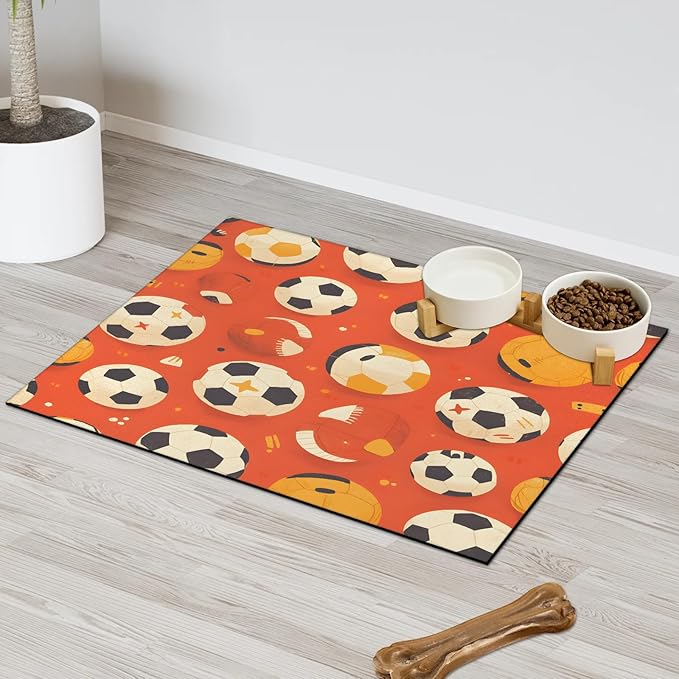 Football Dog Food Mat for Floors Absorbent, Quick Dry Water Dispenser Mat for Food, Water, Pet Supplies 17" x 30", Soccer Ball