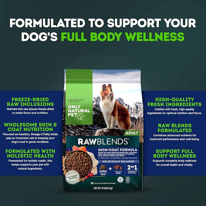 Only Natural Pet Raw Blends Skin & Coat Formula - Holistic Dog Food for Adult, High-Protein Ancient Grains Kibble & Freeze-Dried Raw Superfood Bites for Full Body Wellness with Omega-3-18 lbs