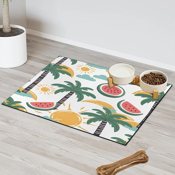 Palm Tree Dog Food Mat for Floors Absorbent, Quick Dry Water Dispenser Mat for Food, Water, Pet Supplies 24" x 32", Watermelon