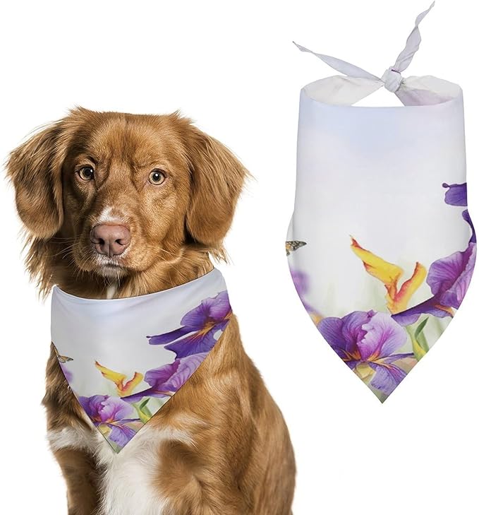 Dog Bandana Spring Pet Scarf Adjustable Triangle Iris Flower Butterfly Printing Dog Bib Washable Polyester Puppy Bandana for Small Medium Large Dogs Cat Birthday Party Supplies