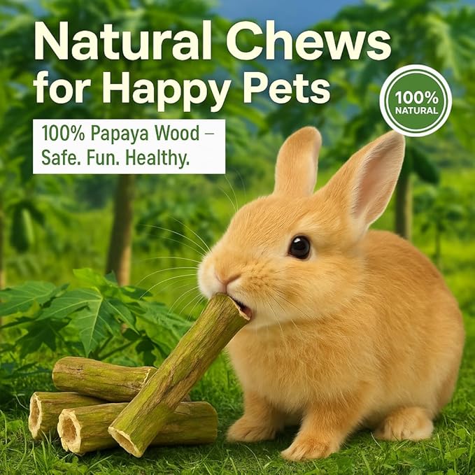 Rabbit Chew Toys – 100% Natural Papaya Branch Sticks for Guinea Pigs, Chinchillas, Small Animals | Safe, Green, High-Fiber Teeth Grinding Treats ((3pc) L:4.3 D:0.79-1.1in)