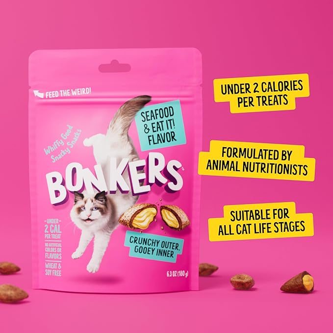Bonkers Bites, Crunchy & Soft Seafood & Eat It! Flavor Cat Treats, Low Calorie Pet Treats, Training Treats or Food Topper, 3 OZ Resealable Bag for All Breeds and Ages, Value Pack (10 Pack)