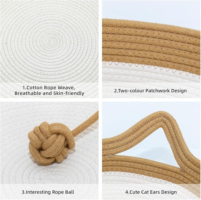 Cotton Rope Cat Bed, Foldable Sleeping Basket with Playing Rope Ball, Hand Woven Small Dogs Sofa Bed, Kitten Shaped House for Pets (Medium, Brown & Beige)