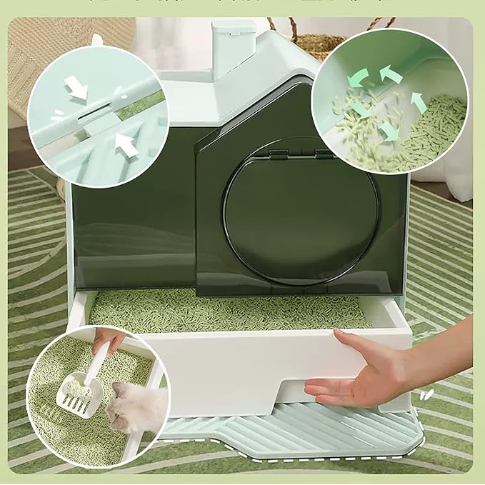 Cat Litter Tray Cats Litter Box with Front Entry/Exit XXL Extra Large Space Toilet Boxes with Drawer Type Cat Litter Tray and Pet Litter Shovel,Prevent Leakage (Color : Pink)