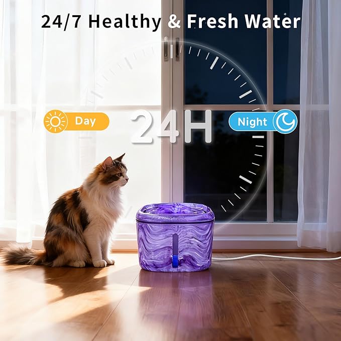 Cat Water Fountain Purple Cute: 84oz/2.5L Automatic Pet Water Fountain for Cats Indoor, Flower Kitty Spout Fountain & LED Blue Light, Upgraded Ultra Quiet Pump, Gifts for Cats, Dogs (2Filters)