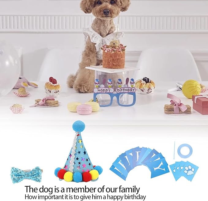 Dog Birthday Hat and Bow Tie Set, Adjustable Soft Pet Party Supplies, Cute Birthday Decorations with Banner for Small Medium Dogs, Washable Polyester Cotton Fabric (Blue)