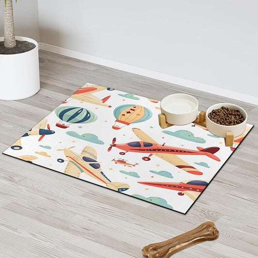 Airplane Dog Food Mat for Floors Absorbent, Quick Dry Water Dispenser Mat for Food, Water, Pet Supplies 12" x 20", Cute Plane
