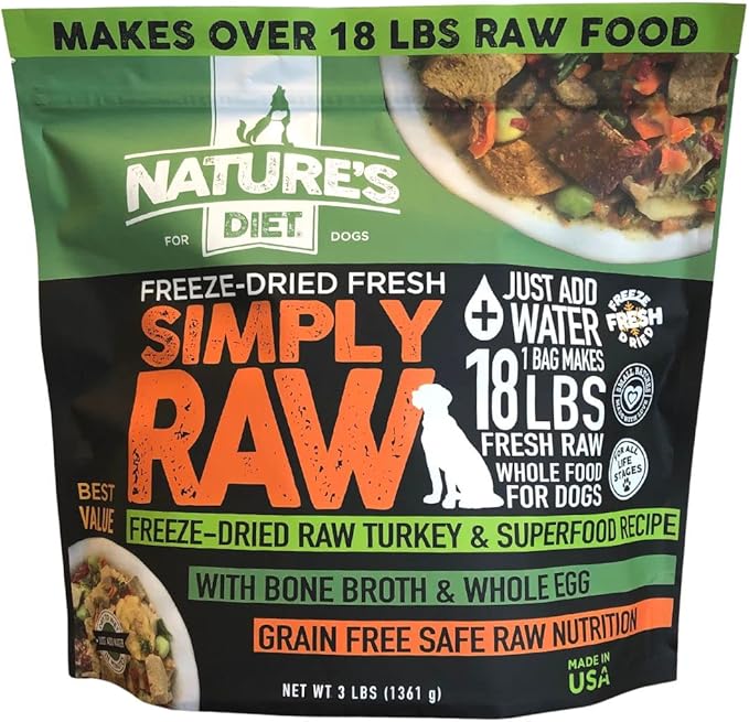 Nature's Diet Simply Raw Freeze-Dried Raw Whole Food Meal - Makes 18 Lbs Fresh Food With Muscle, Organ, Bone Broth, Whole Egg, Superfoods, Fish Oil Omega 3, 6, 9, Probiotics & Prebiotics (Turkey)