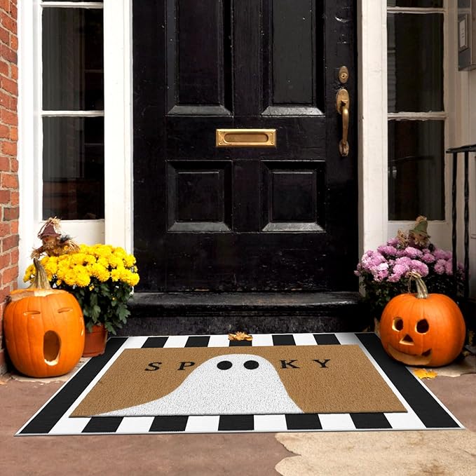 Tinideya 2 Pcs Halloween Doormat Spooky Ghost Outdoor Welcome Mats for Front Door Non Slip Ghost Coir Floor Mat Black White Stripe Halloween Rug for Outside Front Porch Entryway Decor