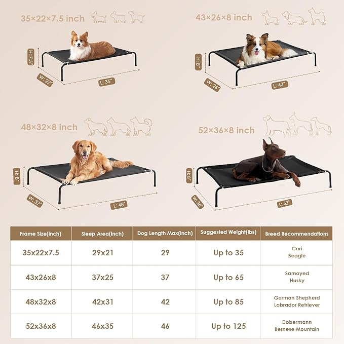 EHEYCIGA Elevated Dog Cot Beds for Large Dogs, Raised Outdoor Dog Hammock, Lifted Pet Platform with Frame and Washable Waterproof Cooling Teslin Mesh and Anti-Slip Feet, 43x26 inch