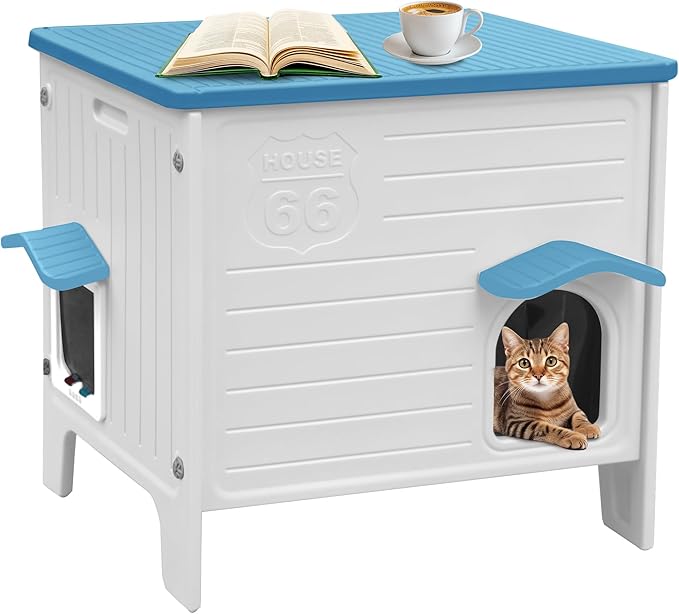 Rockever Insulated Outdoor Cat House, Waterproof Cat House for Outdoor Cats with Escape Door, Plastic Feral Cat House Outdoor Indoor, Spacious and Clean Easily (Blue,L)