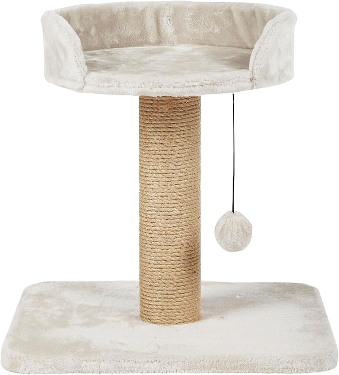 Trixie Mica Cat Scratching Post 18.1 Inch - Cat Scratcher with Soft Fabric Covering Base and Durable Sisal Rope - with Padded Platform & Dangling Cat Toy - in Greige