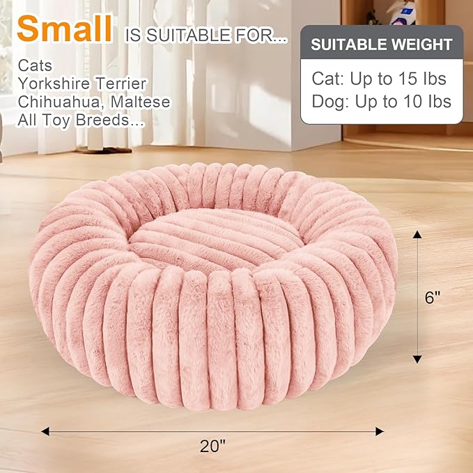 Washable Small cat Dog Bed,Calming Anti Anxiety Round Donut Dog Bed,Cute Kitten Cat Beds for Indoor Cats,Fluffy Puppy Dogs Beds for Small Dogs, Anti-Slip Comfort Pet Bed (Pink, S)