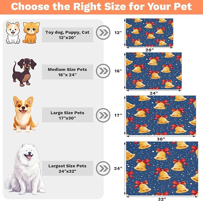 Christmas Bell Dog Food Mat for Floors Absorbent, Quick Dry Water Dispenser Mat for Food, Water, Pet Supplies 12" x 20", Winter Snowflake