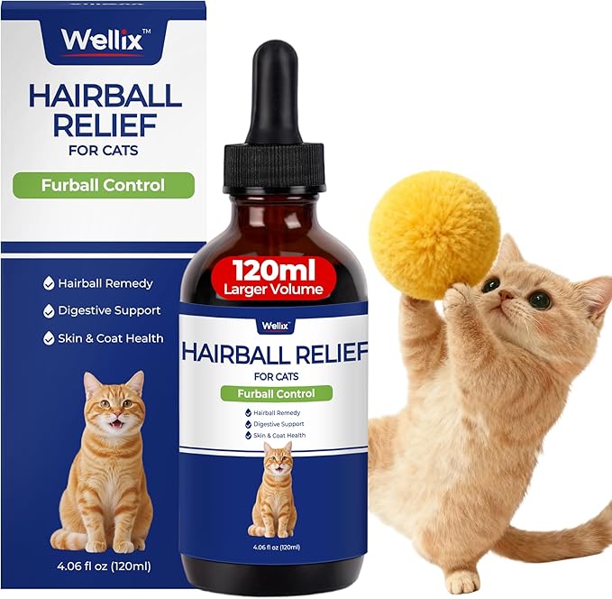 Wellix 120ml Cat Hairball Remedy Drops, Hairball Treatment & Relief for Cats, Natural Cat Furball Control Treats with Psyllium Husk, Omega 3, Support Skin & Coat, Digestive Health-Chicken Flavor