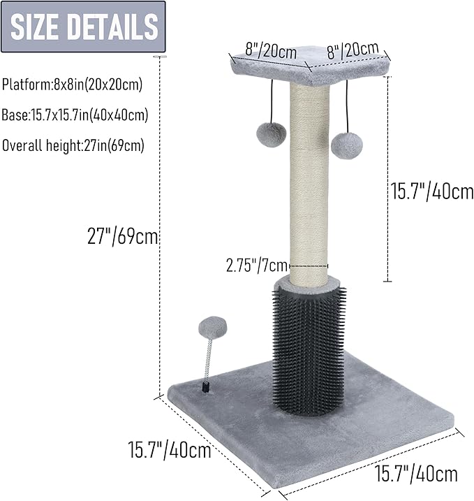 Dimaka 27" Tall Cat Scratching Post, Plush Top Perch and Bottom Soft Brush, Vertical Sisal Rope Scratch Posts with Balls for Indoor Cats and Kitten (Grey)