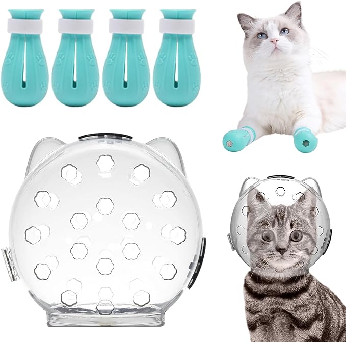 Cat Bubble Muzzle with 4 Boots 5 Inch, Breathable Transparent Anti-Lick & Anti-Bite Head Cover for Grooming Nail Trimming