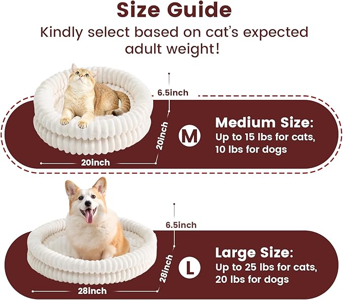 Cat Beds for Indoor Cats, Machine Washable Orthopedic Donut Dog Bed for Small Dogs, Fluffy Round Pet Bed with Anti-Slip Bottom for Puppy and Kitten, White, 20"x20"x6.5"