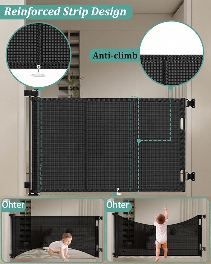 71 inch Retractable Baby Gates 42 inch Tall, Retractable Gate with Reinforced Strip Design to Prevent Crawling Through, 6 FT Retractable Dog Gate for Stairs, Doorways, Hallways, Indoor/Outdoor