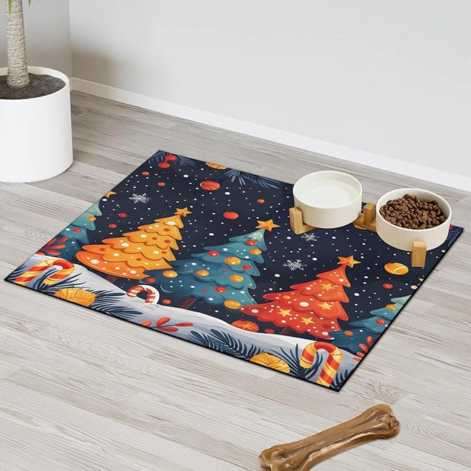 Merry Christmas Dog Food Mat for Floors Absorbent, Quick Dry Water Dispenser Mat for Food, Water, Pet Supplies 12" x 20", Snowy Xmas Tree