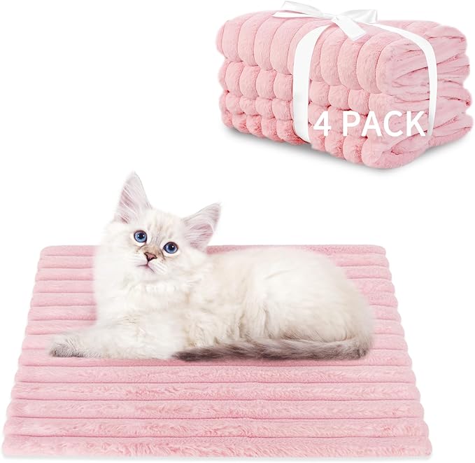 NWK Pack of 4 Fluffy Self Warming Cat Mat, Cat Blanket, Thermal Dog Mat, Washable, Non-Slip Bottom for Sofa & Crate & Kennel & Car Seat (Blush Pink, Small (19'' X 15'' X 0.7''))