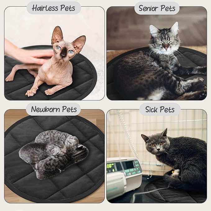 2 Pcs Self Warming Cat Mat Round Self Heating Pad Bed Reversible Machine Washable Heated Bed Anti Slip Warming Pad Pet Mat for Cat Crate Indoor Outdoor(Black,16 Inch)
