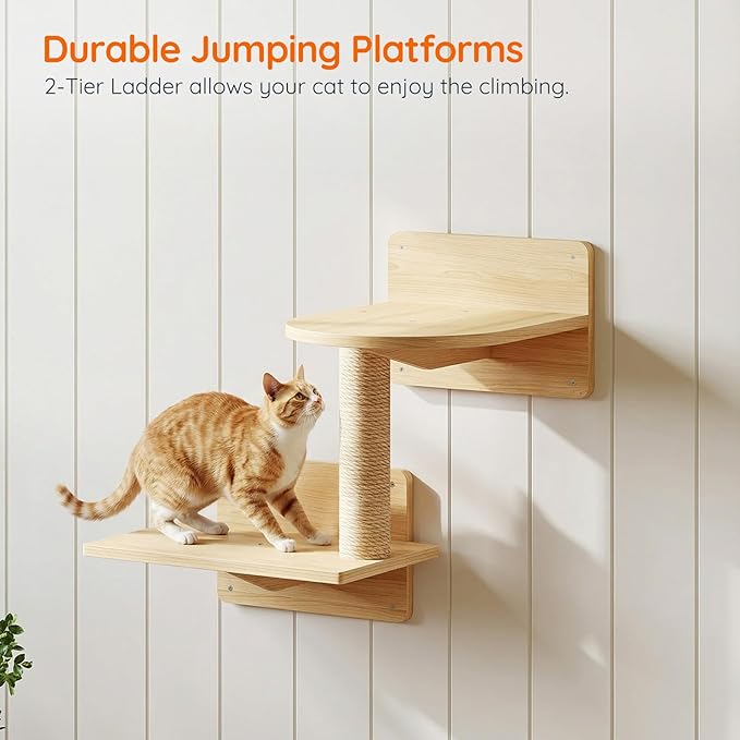 HOOBRO Cat Wall Shelves, Set of 2 Cat Wall Furniture, Wood Wall Mounted Cat Shelves with House, Steps, Scratching Posts and Perch, Space-Saving Shelves for Indoor Cats, Natural NL47CS03