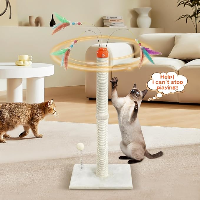 Cat Scratching Post ，33.4" Tall Automatic Teaser Wand Scratching Post with Sisal Rope，Interactive Automatic Rotating Hanging Balls Cat Toys for Indoor Cats
