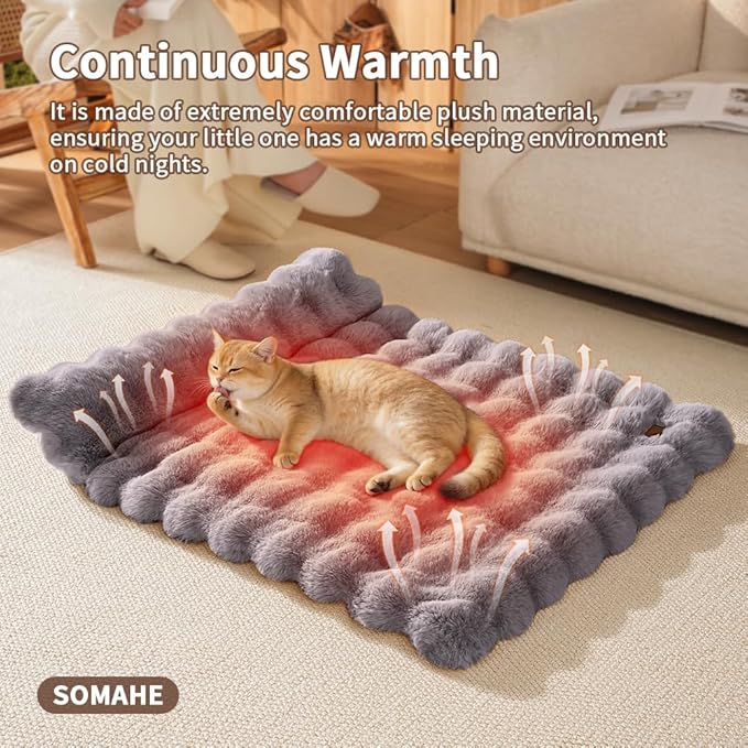 Plush Faux Fur Pet Bed Mat with Non-Slip Bottom, Self-Warming Cat Bed, Washable Pet Bed with Pillow for Cats & Medium Dogs, Machine Washable, 27x20 Inch, Grey