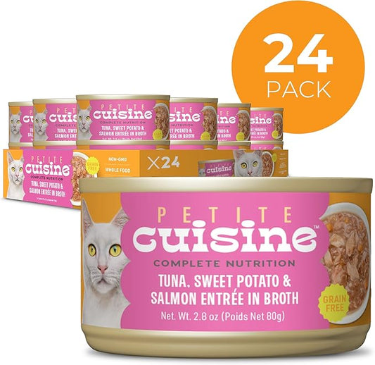 PETITE CUISINE Whole Foods Wet Cat Food, Tuna, Sweet Potato & Salmon Entree in Broth, 2.8 oz. Can (24 Count)