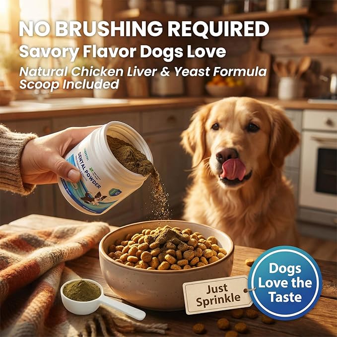 Dog Dental Powder & Breath Freshener - No-Brush Teeth Cleaning Food Topper for Plaque & Tartar Control - Oral Care: 1B CFU Probiotics, 1200mg Kelp per Scoop, SHMP - Chicken Liver, 150g
