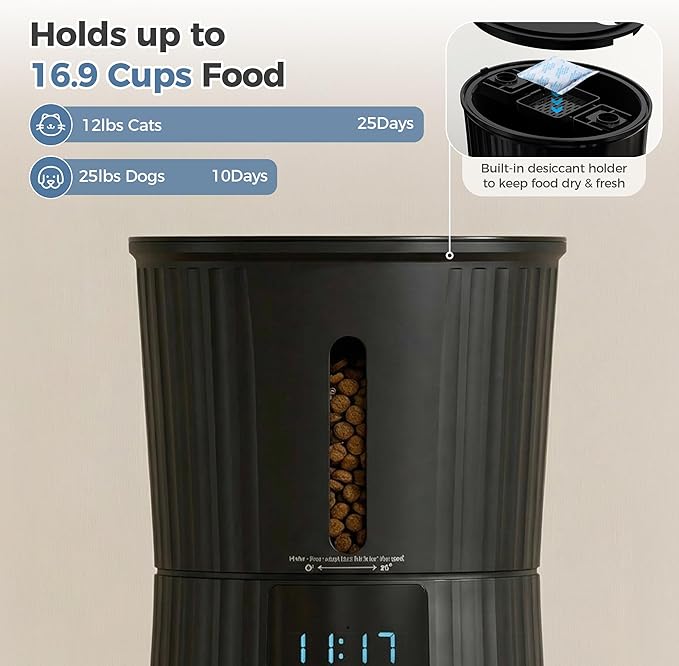 DUMOS Automatic Cat Feeder, 4L Timed Cat Food Dispenser with APP Control, 10s Voice Recorder, Dual Power Supply, 2.4G WiFi Indoor Programmable Pet Feeder with Desiccant for Small Cats and Dogs, Black
