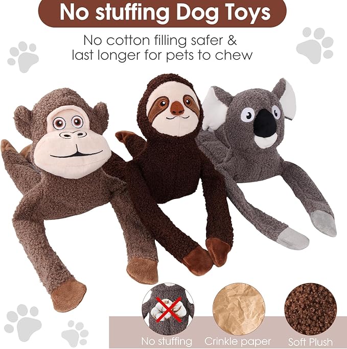 No Stuffing Dog Toys for Large Dogs - 3 Pack Squeaky Crinkle Interactive Plush Teething Toys, Durable & Fun Gifts for Small, Medium & Large Breeds