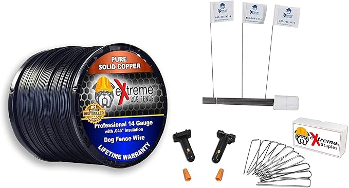 Dog Fence Wire Setup Kit - 2000 Feet of 14 Gauge Wire, 200 Training Flags, 400 Staples and 2 Pro Grade Splice Kits for 4 Acres - Compatible with All Electric Dog Fence Brands and Models