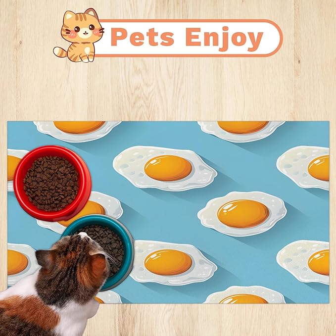 Cute Egg Dog Food Mat for Floors Absorbent Dog Bowl Mat for Food and Water Dispenser Quick Dry Cat Food Placemat Pet Supplies 24" x 32", Fried Eggs