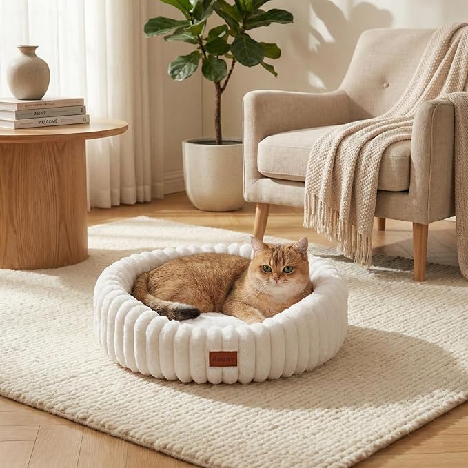 Avont Fluffy Cat Bed for Indoor Cats, Cozy Plush Sleeping Nest for All Sleep Styles, Washable Removable Cushion & Anti-Slip Base, Calming Round Bed for Kittens & Small Dogs – Cream(S)