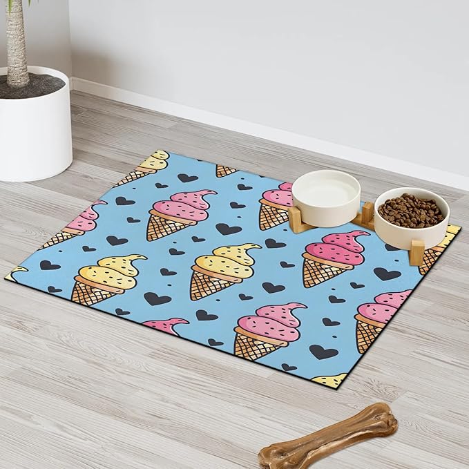Ice Cream Dog Food Mat for Floors Absorbent Dog Bowl Mat for Food and Water Dispenser Quick Dry Cat Food Placemat Pet Supplies 17" x 30", Love Heart