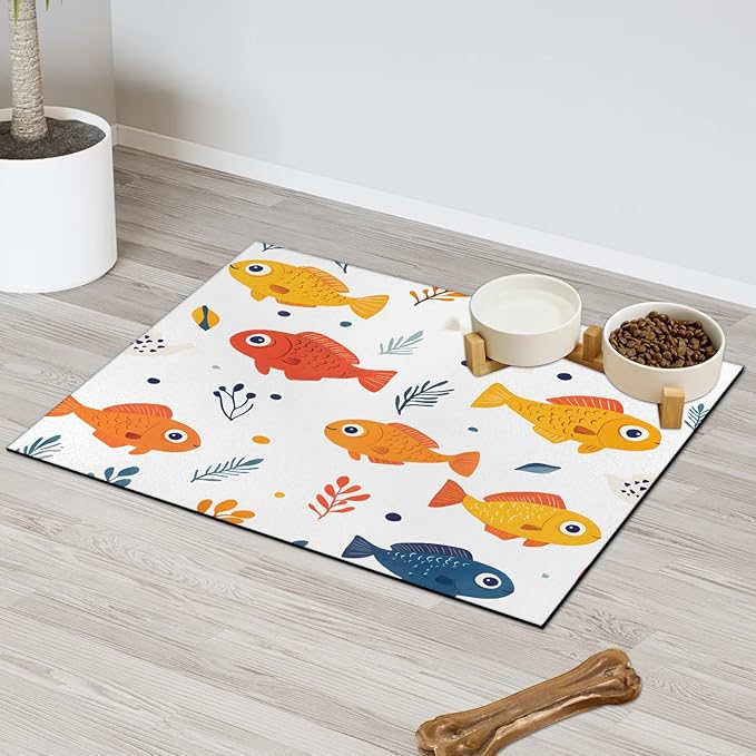 Cute Fish Dog Food Mat for Floors Absorbent Dog Bowl Mat for Food and Water Dispenser Quick Dry Cat Food Placemat Pet Supplies 24" x 32", Coral