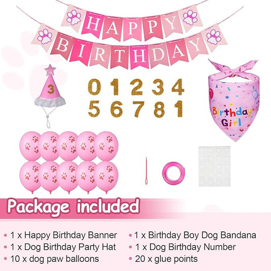 Dog Birthday Party Supplies, Dog Birthday Bandana Set, Dog Boy Girl Birthday Party Hat with Numbers,Flag, Balloon for Large Medium Small Dogs Pet (Pink)