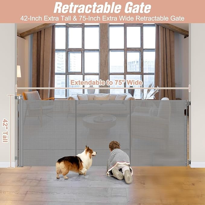 Reinforced 42" Extra Tall x 75" Wide Retractable Baby Gates with Support Rods - Prevent Crawling Under Extra Tall Pet Gate Indoor Mesh Baby Gates for Dogs Outdoor Retractable Gate, Gray