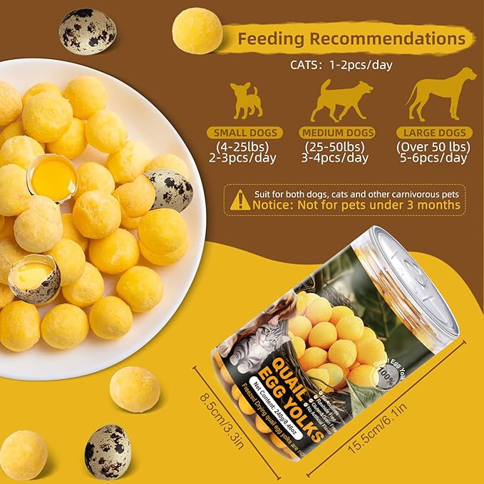 Dehydrated Quail Egg Yolk Snacks for Cats and Dogs Training, Natural Dog Food Limited Ingredient, Healthy Tasty Freeze-Dried Pet Treats for Dogs Cats (L, Quail)