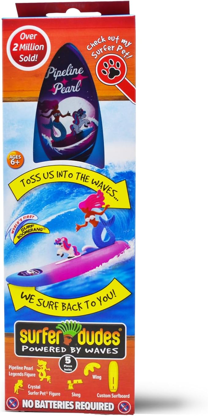 Surfer Dudes Legends & Surfer Pets Wave Powered Mini-Surfer, Pet and Surfboard Beach Toy - Pipeline Pearl and Crystal