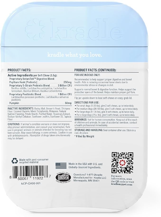 Kradle Probiotic Chews for Dogs - 3-in-1 with Prebiotic Postbiotic Digestive Support - Support Gut Health for Dogs with Occasional Diarrhea Salmon Flavor - 90 Chews
