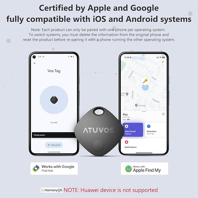 ATUVOS 2025 New Upgraded Dual System Air Tracker Tag-1 Pack, Compatible with iOS Apple Find My & Android Google Find Hub APP (Not for Huawei), Bluetooth Tracker for Keys, Luggage, Backpacks, Suitcases