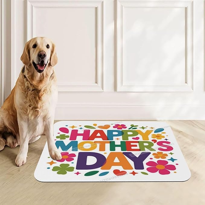Pet Cat Dog Food Mat Absorbent Dog Feeding Mat Happy Mother's Day Floral Gift Mom Colorful Ei No Stains Cat Food Mats Indoor Pet Dogs Placemat Water Bowl Mats with Rubber Backing 24x16In