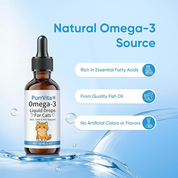 PurrVita Omega-3 Liquid Drops for Cats – Supports Healthy Skin & Coat, Natural Fish Oil Supplement for Feline Wellness 60ml (1)