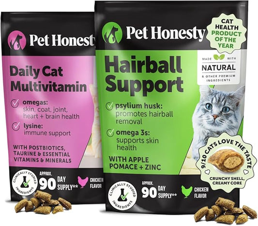 Cat Multivitamin & Hairball Support Bundle – Multivitamin Chews + Hairball Chews, 90 Day Supply Each